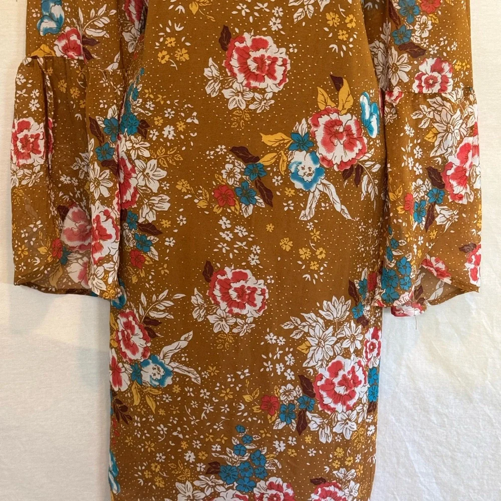 E-187 Charlotte Russe PLUS SIZE 1X Tan Red & Teal Long Bell Sleeve MIDI Dress - Picture 2 of 14